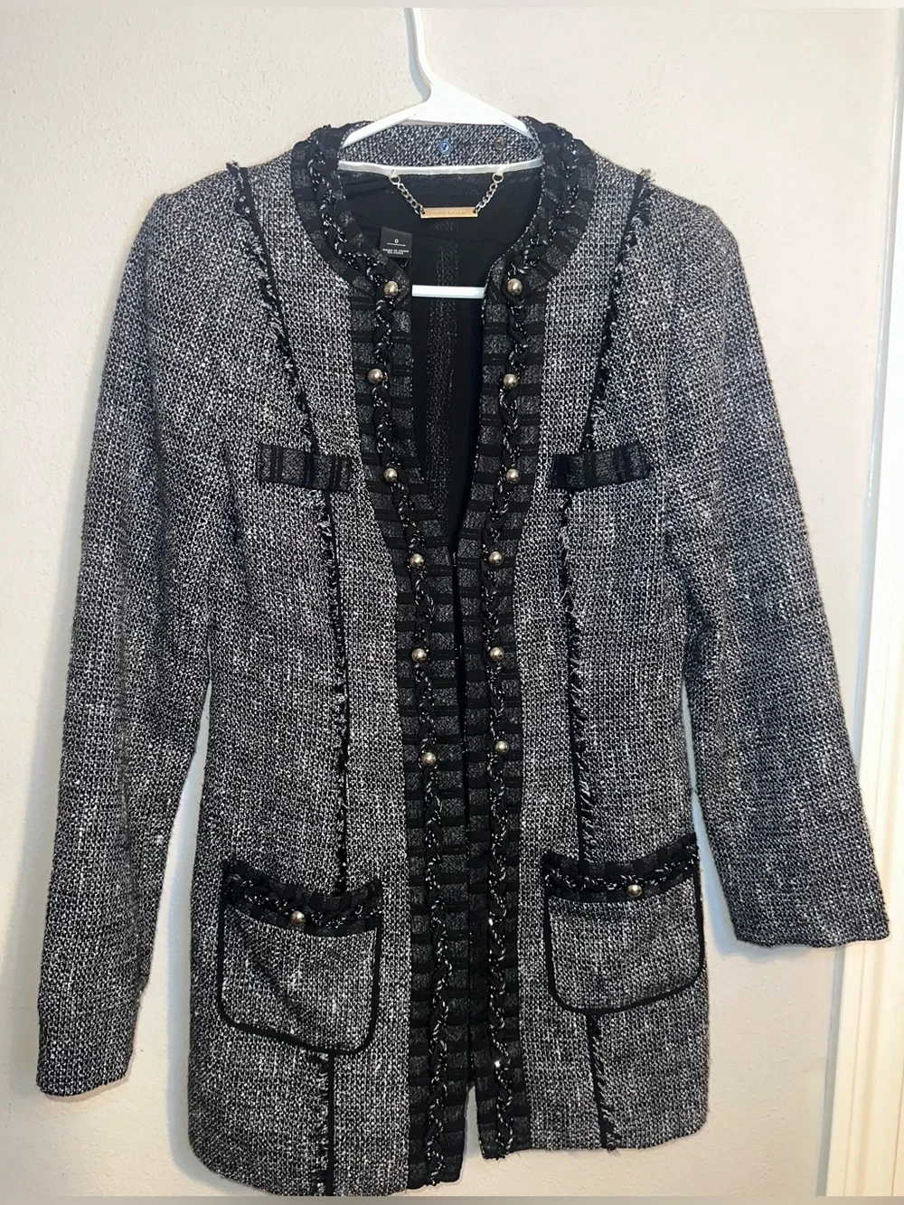 White House Black Market Black and Gray Tweed Long Blazer